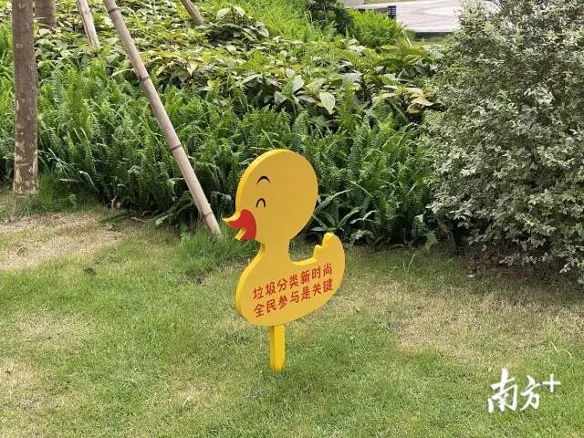 小区还设有户外垃圾分类科普基地,小区草坪上卡通宣传牌就是户外基地元素之一。