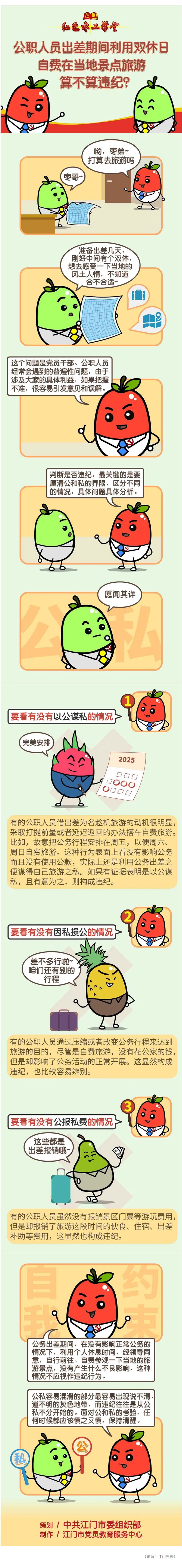“红色枣工”漫画：公职人员出差期间利用双休日自费在当地景点旅游算不算违纪？.jpg