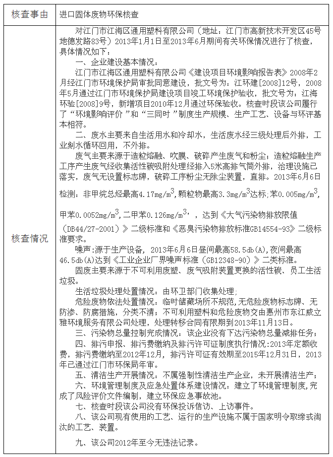 江门市江海区通用塑料有限公司环保核查情况表