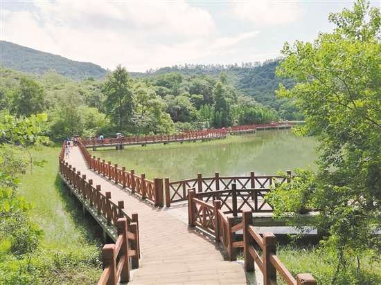新會石澗公園 林木幽深 泉水豐沛 山石秀麗 岡泉魁境的流水淙淙、大石光滑無比,成為景區一大奇觀。 翡翠湖面積有222畝,湖水碧綠,幾乎貫穿整個大石頭景區。 澗畔坪種植大量大葉油草供游客觀賞。 翠羽之木,龍鱗之石,均蔭其上。這是來自唐代文學家柳宗元的散文《石澗記》,寫的是石澗溪石的千姿百態。而新會的石澗公園,林木幽深,泉水豐沛,山石秀麗,恰以山水聞名,因而得名。 石澗公園位于圭峰山風景區的西南部,公園總規劃用地面積約1.